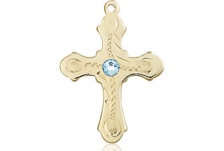14kt Gold Cross Medal with a 3mm Aqua Swarovski stone Engraved Catholic Saint Jewelry
