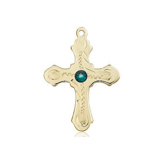 14kt Gold Cross Medal with a 3mm Emerald Swarovski stone Engraved Catholic Saint Jewelry