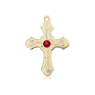 14kt Gold Cross Medal with a 3mm Ruby Swarovski stone Engraved Catholic Saint Jewelry