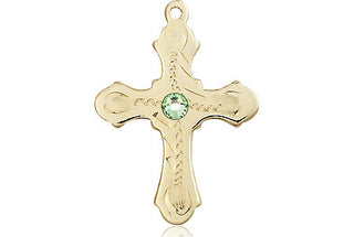 14kt Gold Cross Medal with a 3mm Peridot Swarovski stone Engraved Catholic Saint Jewelry