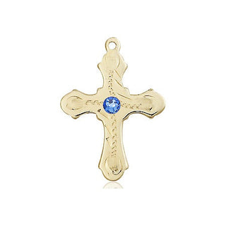 14kt Gold Cross Medal with a 3mm Sapphire Swarovski stone Engraved Catholic Saint Jewelry