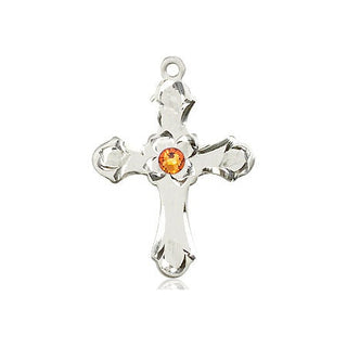 Sterling Silver Cross Pendant with a 3mm Topaz Swarovski stone on an 18-inch Sterling Silver Light Curb Chain Engraved Catholic Saint Jewelry