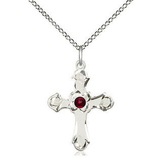 Sterling Silver Cross | 3mm Garnet Swarovski stone | 18-inch Sterling Silver Chain | Engravable