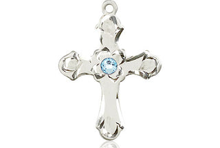 Sterling Silver Cross Pendant with a 3mm Aqua Swarovski stone on an 18-inch Sterling Silver Light Curb Chain Engraved Catholic Saint Jewelry