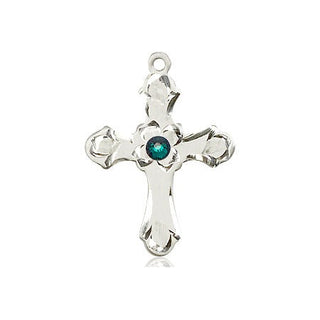 Sterling Silver Cross Pendant with a 3mm Emerald Swarovski stone on an 18-inch Sterling Silver Light Curb Chain Engraved Catholic Saint Jewelry
