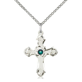 Sterling Silver Cross | 3mm Emerald Swarovski stone | 18-inch Sterling Silver Chain | Engravable