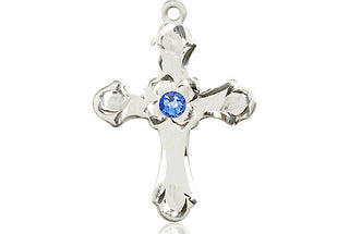 Sterling Silver Cross Pendant with a 3mm Sapphire Swarovski stone on an 18-inch Sterling Silver Light Curb Chain Engraved Catholic Saint Jewelry