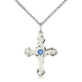 Sterling Silver Cross | 3mm Sapphire Swarovski stone | 18-inch Sterling Silver Chain | Engravable