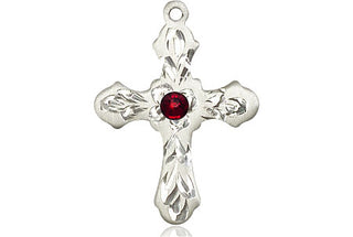 Sterling Silver Cross Pendant with a 3mm Garnet Swarovski stone on an 18-inch Sterling Silver Light Curb Chain Engraved Catholic Saint Jewelry