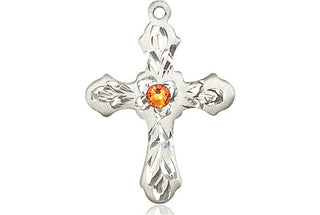 Sterling Silver Cross Pendant with a 3mm Topaz Swarovski stone on an 18-inch Sterling Silver Light Curb Chain Engraved Catholic Saint Jewelry