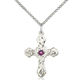 Sterling Silver Cross | 3mm Amethyst Swarovski stone | 18-inch Sterling Silver Chain | Engravable