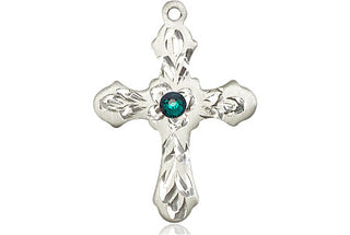 Sterling Silver Cross Pendant with a 3mm Emerald Swarovski stone on an 18-inch Sterling Silver Light Curb Chain Engraved Catholic Saint Jewelry
