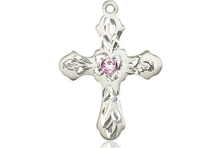 Sterling Silver Cross Pendant with a 3mm Light Amethyst Swarovski stone on an 18-inch Sterling Silver Light Curb Chain Engraved Catholic Saint Jewelry