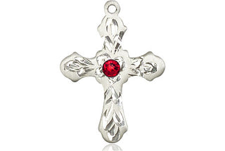 Sterling Silver Cross Pendant with a 3mm Ruby Swarovski stone on an 18-inch Sterling Silver Light Curb Chain Engraved Catholic Saint Jewelry