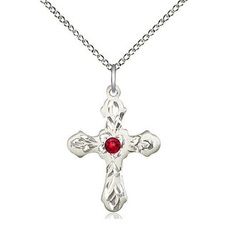 Sterling Silver Cross | 3mm Ruby Swarovski stone | 18-inch Sterling Silver Chain | Engravable