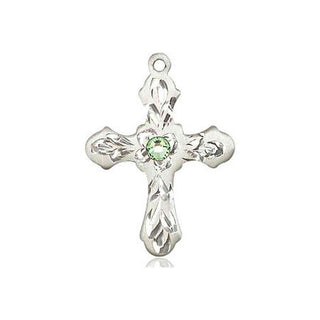 Sterling Silver Cross Pendant with a 3mm Peridot Swarovski stone on an 18-inch Sterling Silver Light Curb Chain Engraved Catholic Saint Jewelry
