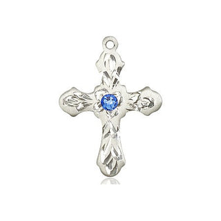Sterling Silver Cross Pendant with a 3mm Sapphire Swarovski stone on an 18-inch Sterling Silver Light Curb Chain Engraved Catholic Saint Jewelry