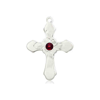 Sterling Silver Cross Pendant with a 3mm Garnet Swarovski stone on an 18-inch Sterling Silver Light Curb Chain Engraved Catholic Saint Jewelry