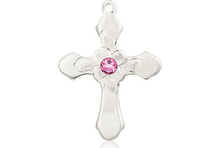 Sterling Silver Cross Pendant with a 3mm Rose Swarovski stone on an 18-inch Sterling Silver Light Curb Chain Engraved Catholic Saint Jewelry