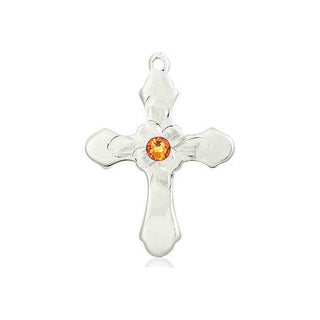 Sterling Silver Cross Pendant with a 3mm Topaz Swarovski stone on an 18-inch Sterling Silver Light Curb Chain Engraved Catholic Saint Jewelry