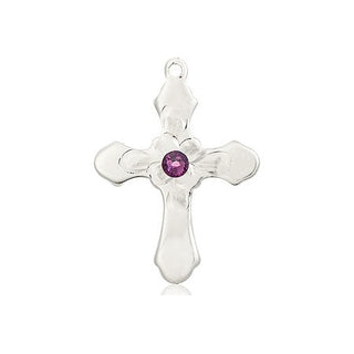 Sterling Silver Cross Pendant with a 3mm Amethyst Swarovski stone on an 18-inch Sterling Silver Light Curb Chain Engraved Catholic Saint Jewelry