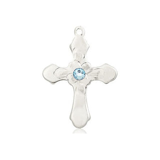 Sterling Silver Cross Pendant with a 3mm Aqua Swarovski stone on an 18-inch Sterling Silver Light Curb Chain Engraved Catholic Saint Jewelry