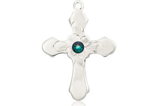 Sterling Silver Cross Pendant with a 3mm Emerald Swarovski stone on an 18-inch Sterling Silver Light Curb Chain Engraved Catholic Saint Jewelry