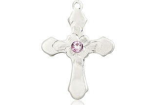 Sterling Silver Cross Pendant with a 3mm Light Amethyst Swarovski stone on an 18-inch Sterling Silver Light Curb Chain Engraved Catholic Saint Jewelry
