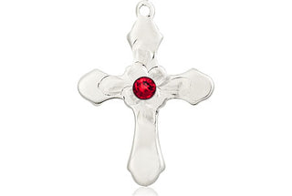 Sterling Silver Cross Pendant with a 3mm Ruby Swarovski stone on an 18-inch Sterling Silver Light Curb Chain Engraved Catholic Saint Jewelry