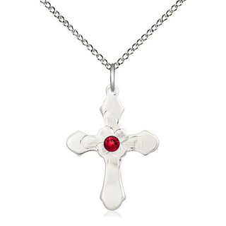 Sterling Silver Cross | 3mm Ruby Swarovski stone | 18-inch Sterling Silver Chain | Engravable