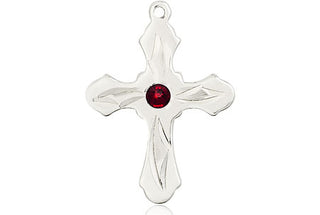 Sterling Silver Cross Pendant with a 3mm Garnet Swarovski stone on an 18-inch Sterling Silver Light Curb Chain Engraved Catholic Saint Jewelry