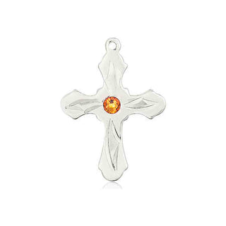 Sterling Silver Cross Pendant with a 3mm Topaz Swarovski stone on an 18-inch Sterling Silver Light Curb Chain Engraved Catholic Saint Jewelry