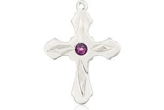 Sterling Silver Cross Pendant with a 3mm Amethyst Swarovski stone on an 18-inch Sterling Silver Light Curb Chain Engraved Catholic Saint Jewelry