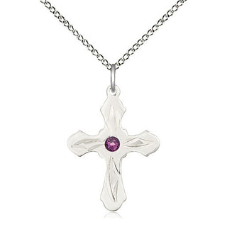 Sterling Silver Cross | 3mm Amethyst Swarovski stone | 18-inch Sterling Silver Chain | Engravable