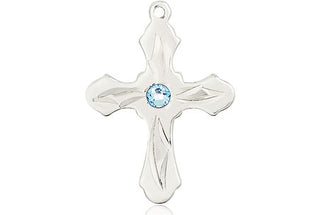 Sterling Silver Cross Pendant with a 3mm Aqua Swarovski stone on an 18-inch Sterling Silver Light Curb Chain Engraved Catholic Saint Jewelry