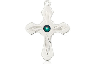 Sterling Silver Cross Pendant with a 3mm Emerald Swarovski stone on an 18-inch Sterling Silver Light Curb Chain Engraved Catholic Saint Jewelry