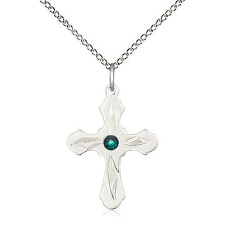 Sterling Silver Cross | 3mm Emerald Swarovski stone | 18-inch Sterling Silver Chain | Engravable