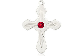 Sterling Silver Cross Pendant with a 3mm Ruby Swarovski stone on an 18-inch Sterling Silver Light Curb Chain Engraved Catholic Saint Jewelry