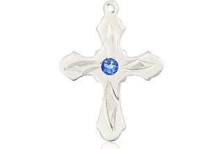 Sterling Silver Cross Pendant with a 3mm Sapphire Swarovski stone on an 18-inch Sterling Silver Light Curb Chain Engraved Catholic Saint Jewelry