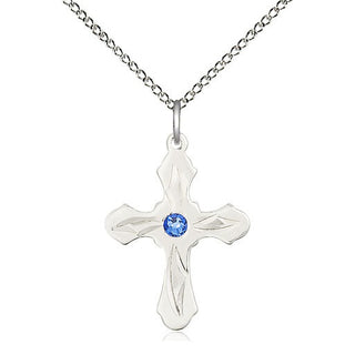Sterling Silver Cross | 3mm Sapphire Swarovski stone | 18-inch Sterling Silver Chain | Engravable