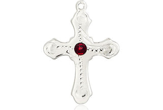 Sterling Silver Cross Pendant with a 3mm Garnet Swarovski stone on an 18-inch Sterling Silver Light Curb Chain Engraved Catholic Saint Jewelry