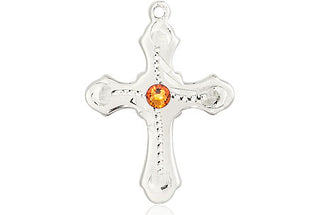 Sterling Silver Cross Pendant with a 3mm Topaz Swarovski stone on an 18-inch Sterling Silver Light Curb Chain Engraved Catholic Saint Jewelry