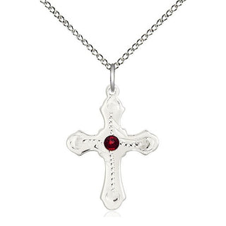 Sterling Silver Cross | 3mm Garnet Swarovski stone | 18-inch Sterling Silver Chain | Engravable
