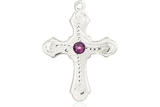 Sterling Silver Cross Pendant with a 3mm Amethyst Swarovski stone on an 18-inch Sterling Silver Light Curb Chain Engraved Catholic Saint Jewelry