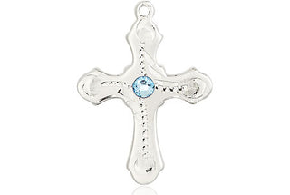 Sterling Silver Cross Pendant with a 3mm Aqua Swarovski stone on an 18-inch Sterling Silver Light Curb Chain Engraved Catholic Saint Jewelry