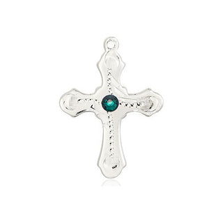 Sterling Silver Cross Pendant with a 3mm Emerald Swarovski stone on an 18-inch Sterling Silver Light Curb Chain Engraved Catholic Saint Jewelry