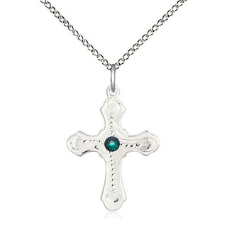 Sterling Silver Cross | 3mm Emerald Swarovski stone | 18-inch Sterling Silver Chain | Engravable