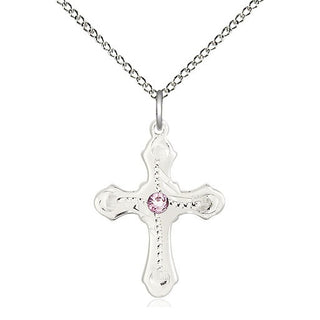 Sterling Silver Cross | 3mm Light Amethyst Swarovski stone | 18-inch Sterling Silver Chain | Engravable