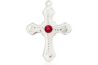 Sterling Silver Cross Pendant with a 3mm Ruby Swarovski stone on an 18-inch Sterling Silver Light Curb Chain Engraved Catholic Saint Jewelry
