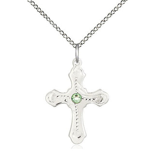 Sterling Silver Cross | 3mm Peridot Swarovski stone | 18-inch Sterling Silver Chain | Engravable